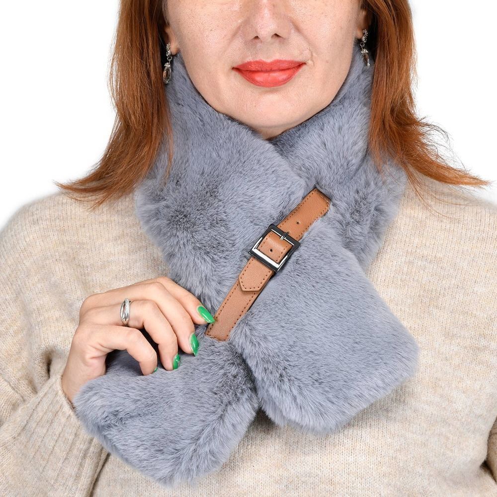 Faux Fur Polyester Scarf with Buckle (35 x 5) Gray